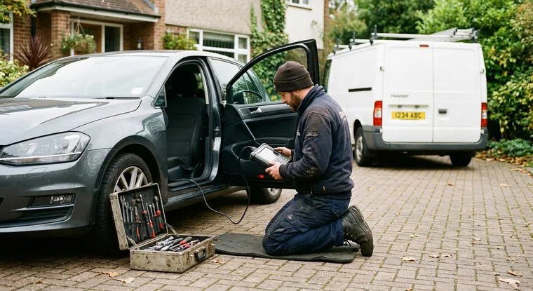 A mobile mechanic kneeling at a car in a driveway with his tools beside him