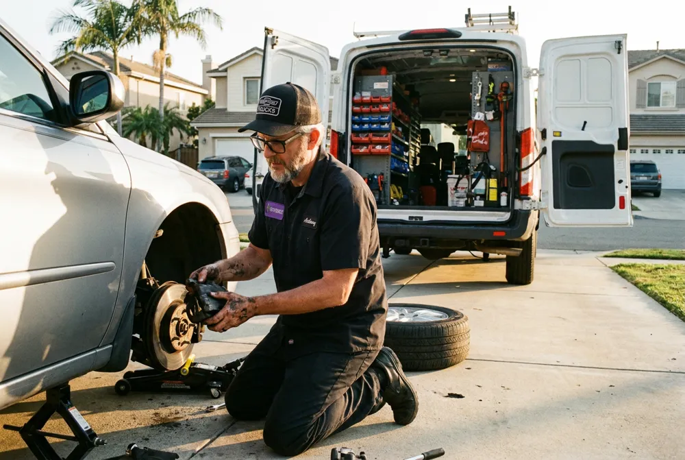 Anthony kneeling at the front wheel of a silver sedan in a driveway, brake caliper in hand, his service van open behind him