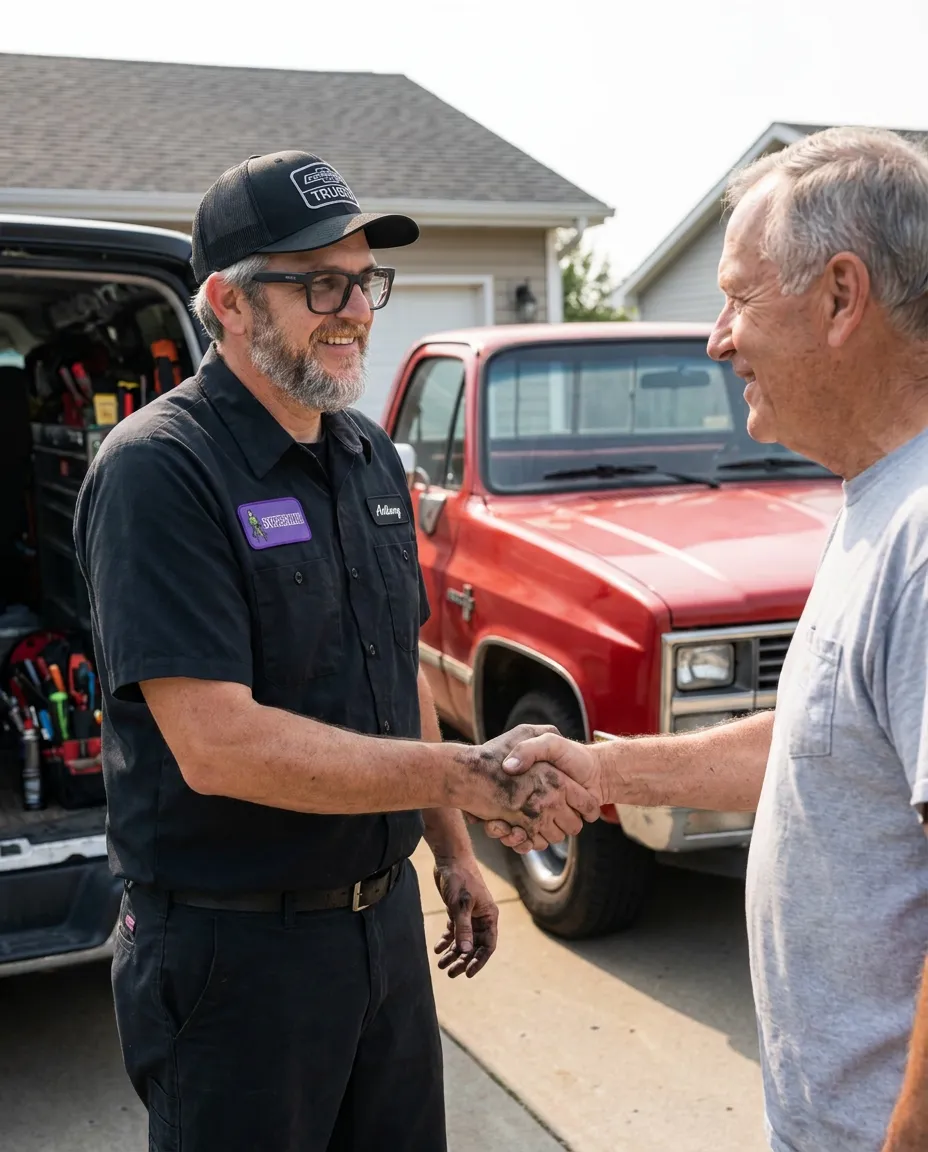 Anthony shaking hands with an older customer in front of a red classic pickup after a job