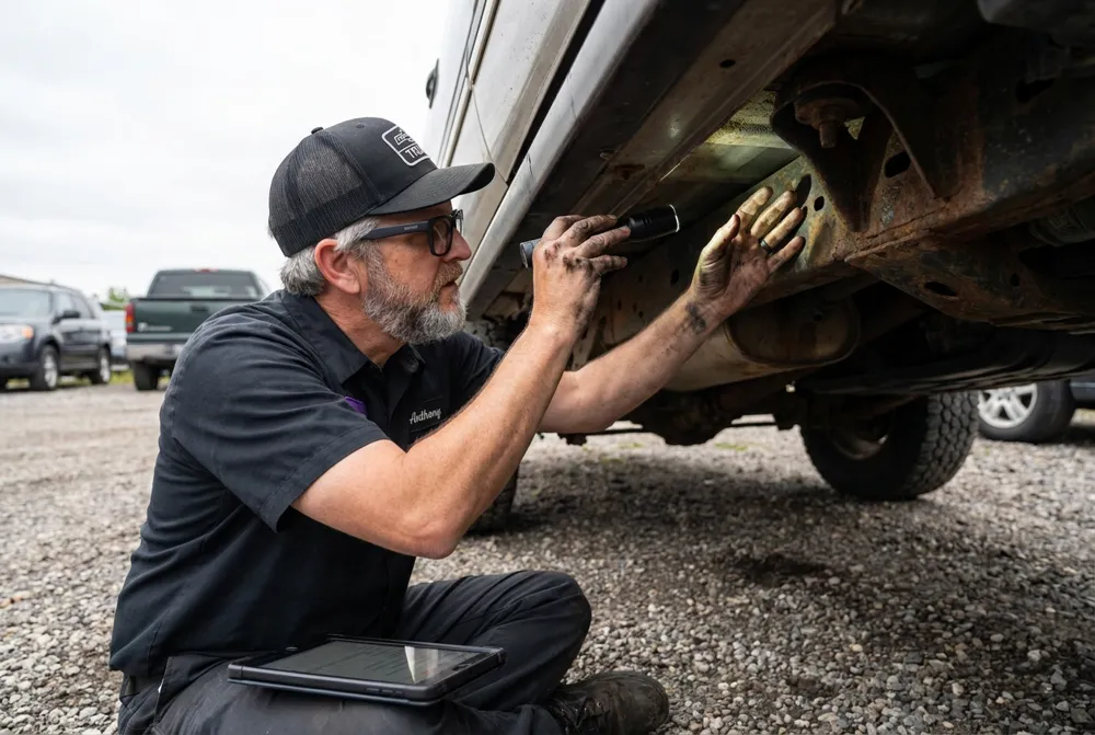 Anthony crouched with a flashlight checking the frame of a used SUV on a car lot
