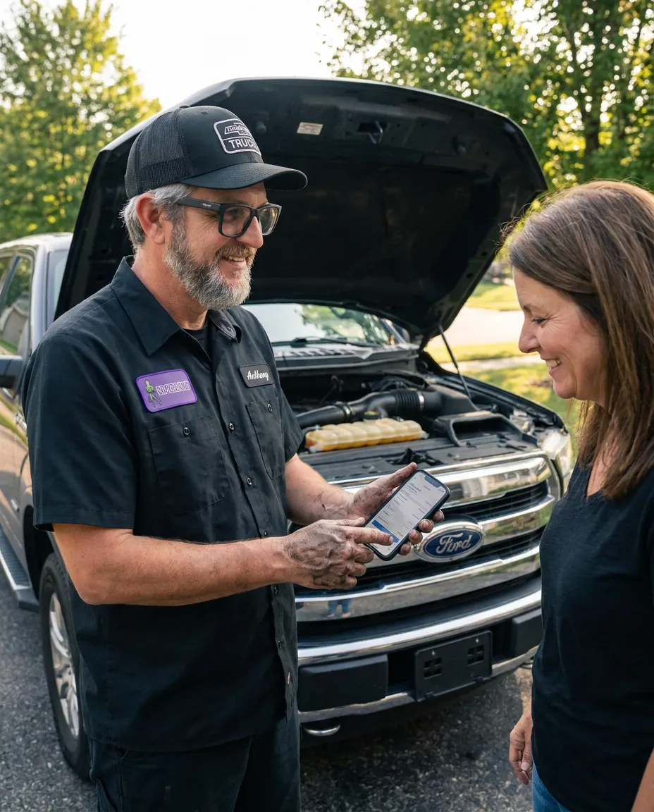 Anthony showing a homeowner the repair quote on his phone next to her open pickup hood