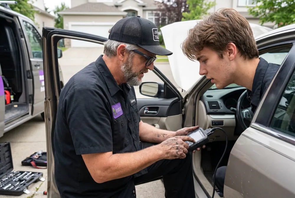 Anthony teaching a young apprentice to read a scan tool at the open door of a car