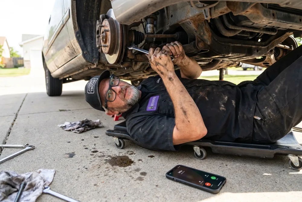 Anthony on a creeper under a car with a wrench while his phone rings on the driveway out of reach