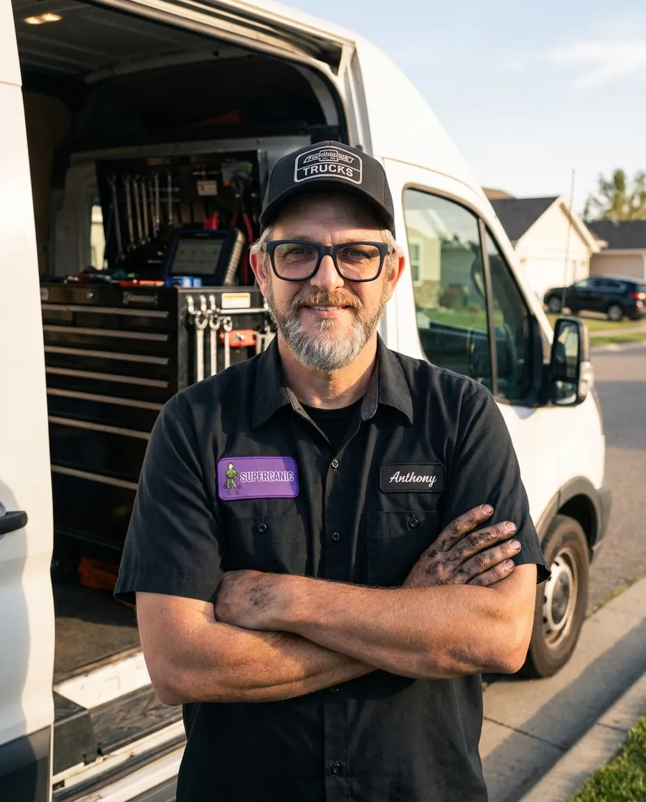 Anthony Limpert in his black Supercanic work shirt and cap, arms crossed in front of his open service van
