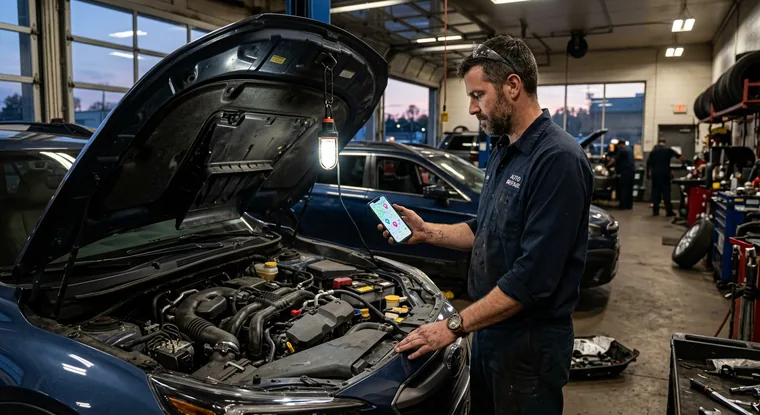 A technician reading a tablet beside an open engine bay