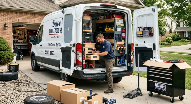 A mobile mechanic working out of an open service van in a driveway
